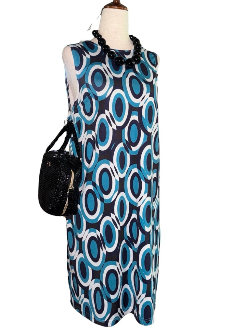 Mod Shift Dress Blue Geometric Print
Sleeveless Retro Office Maximalist - Picture 7 of 10